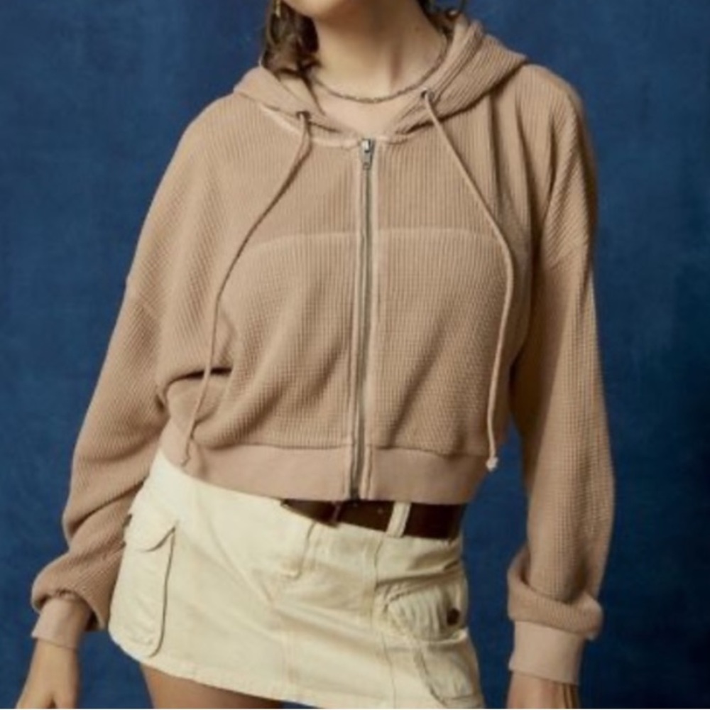 urban outfitters bdg leah waffle knit zip-up hoodie sweatshirt